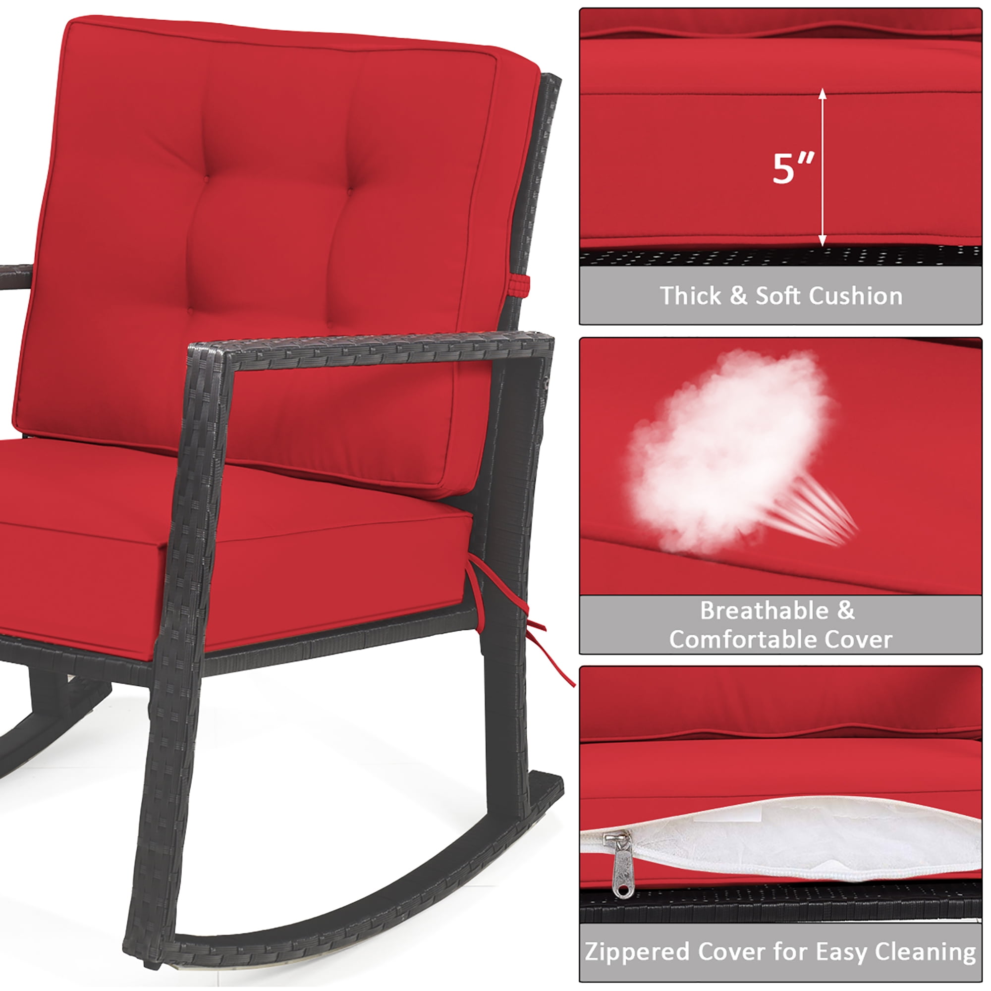 Costway 2PCS Patio Rattan Rocker Chair Outdoor Glider Wicker Rocking Chair Cushion Red