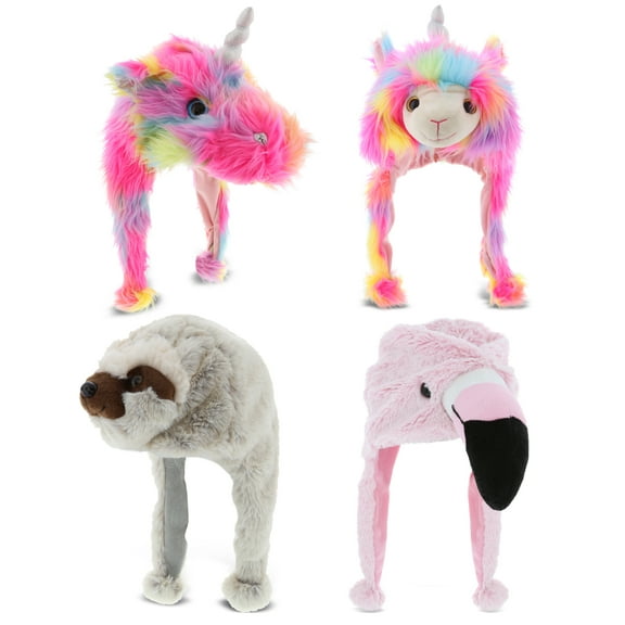 DolliBu Mix and Match Animal Plush Hat Set of 4 – Super Soft Rainbow Llamacorn, Dragoncorn, Flamingo, Sloth Warm Hat with Ear Flaps, Cute Stuffed Animals Toy Hats – Cozy Fleece Winter Hats, 1 Size