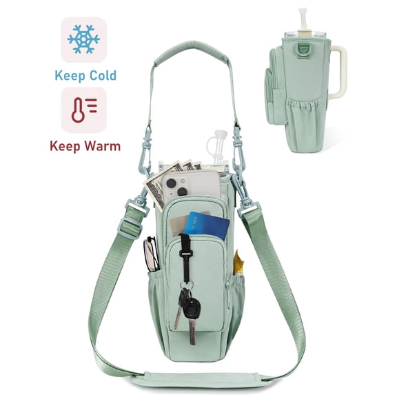Insulated Water Bottle Carrier Bag with Strap & Handle for 30oz 40oz Tumbler Cup Holder Pouch with Phone Pocket & Straw Cover, Green