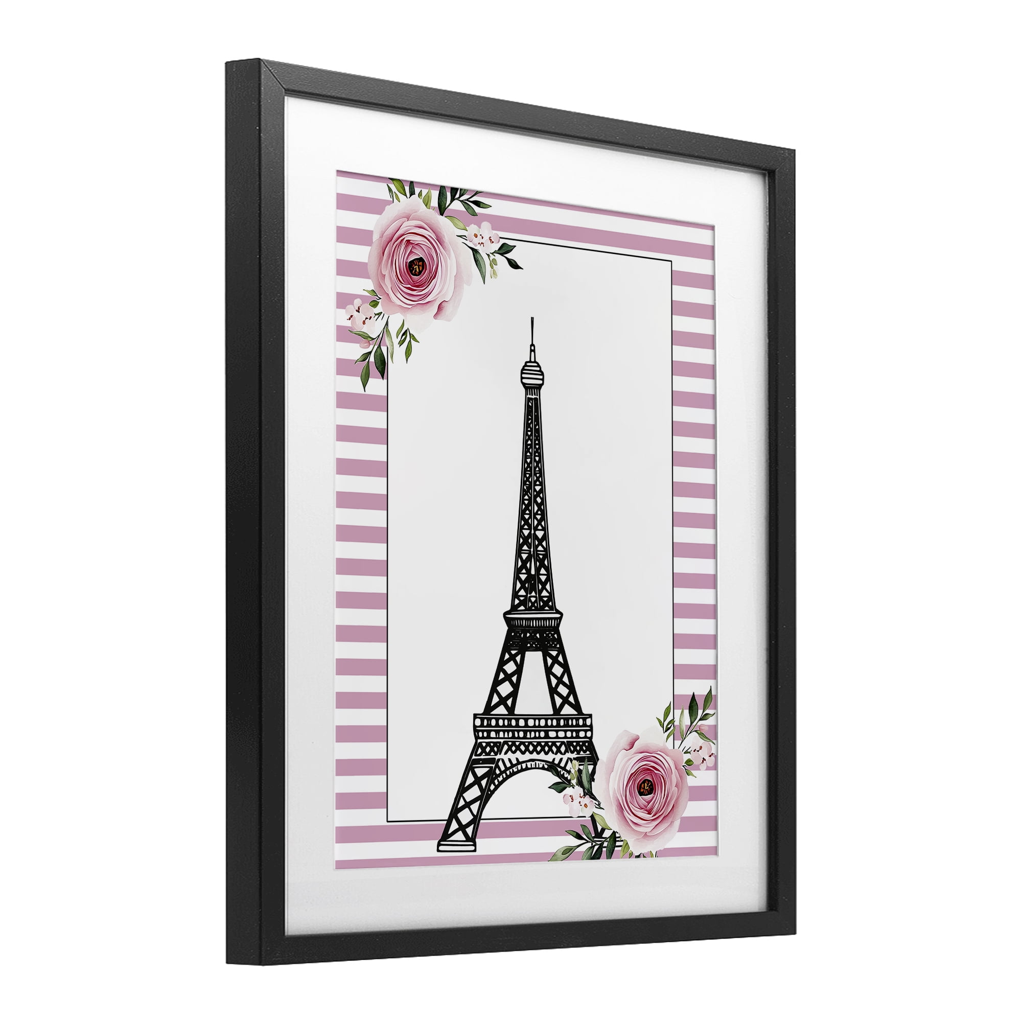 Parisian Tower & Roses Black Framed Print Under Glass, design by Christine Simpson Art