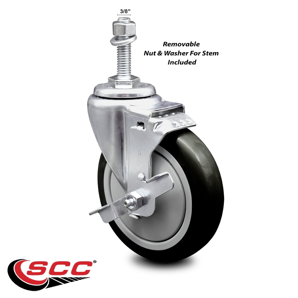 5 Inch Black Polyurethane Wheel Swivel 3/8 Inch Threaded Stem Caster with Brake