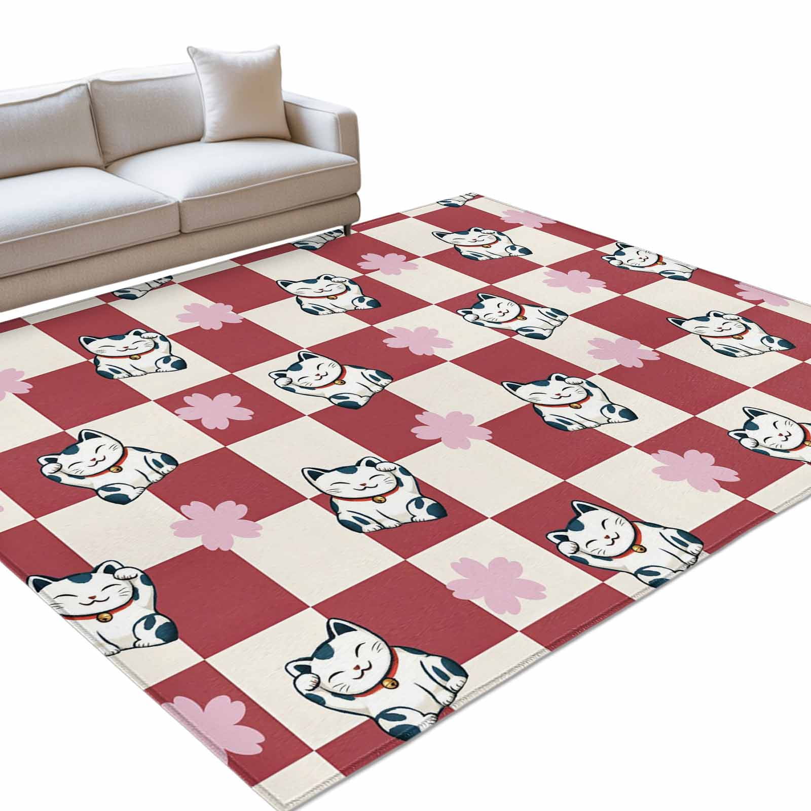 Lucky Cat Area Rugs 5x7ft Pink Cherry Blossoms Red Plaid Japanese Washable Rug Non Slip Indoor Carpet Absorbent Floor Mat for Living Room Bedroom Dining Room