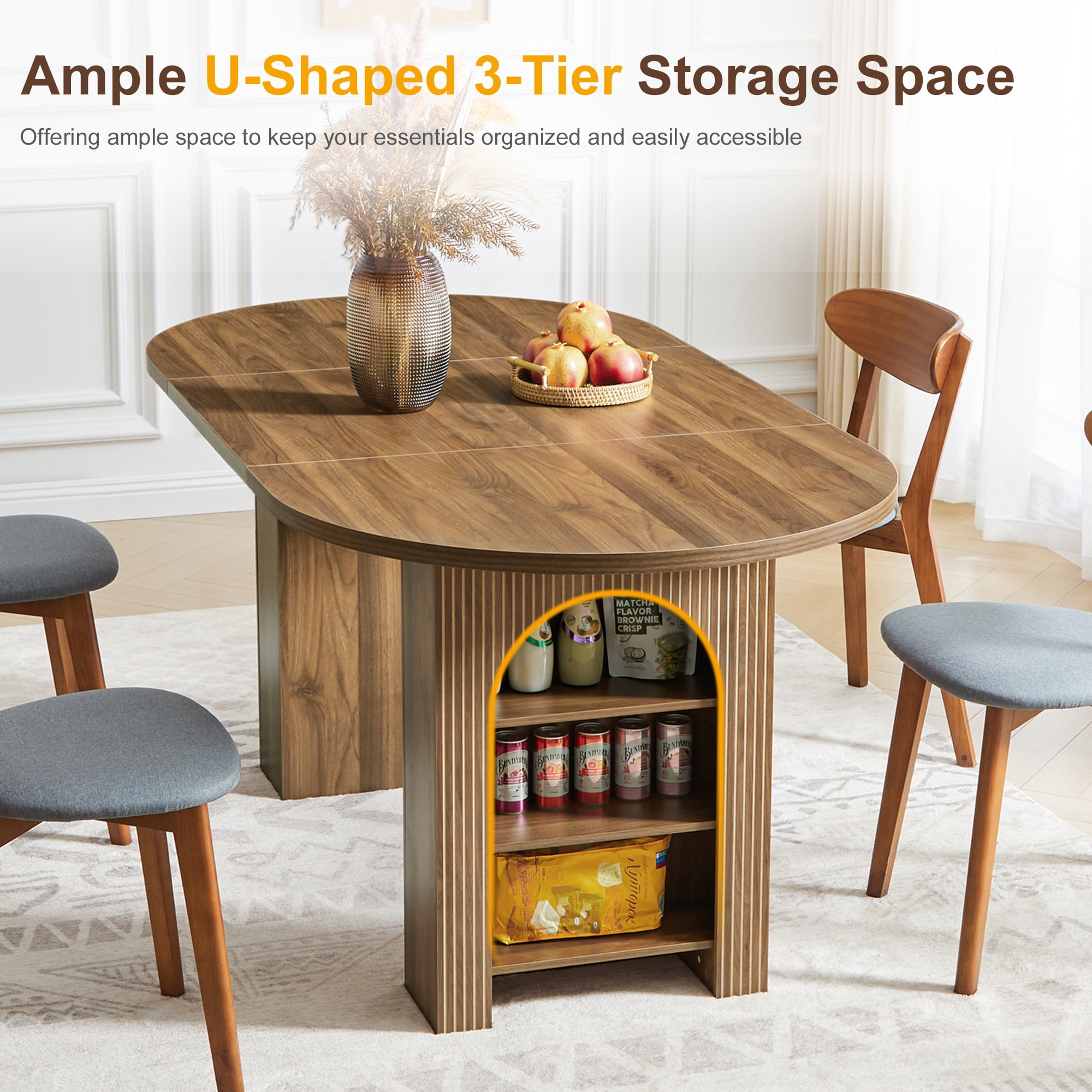 PHOYAL Walnut Oval Dining Table for 4-6 People, Large Dining Table with Arched Storage Pedestal and Carved Line, Farmhouse Double Pedestal Kitchen Table, 70.86"L, 35.43"W