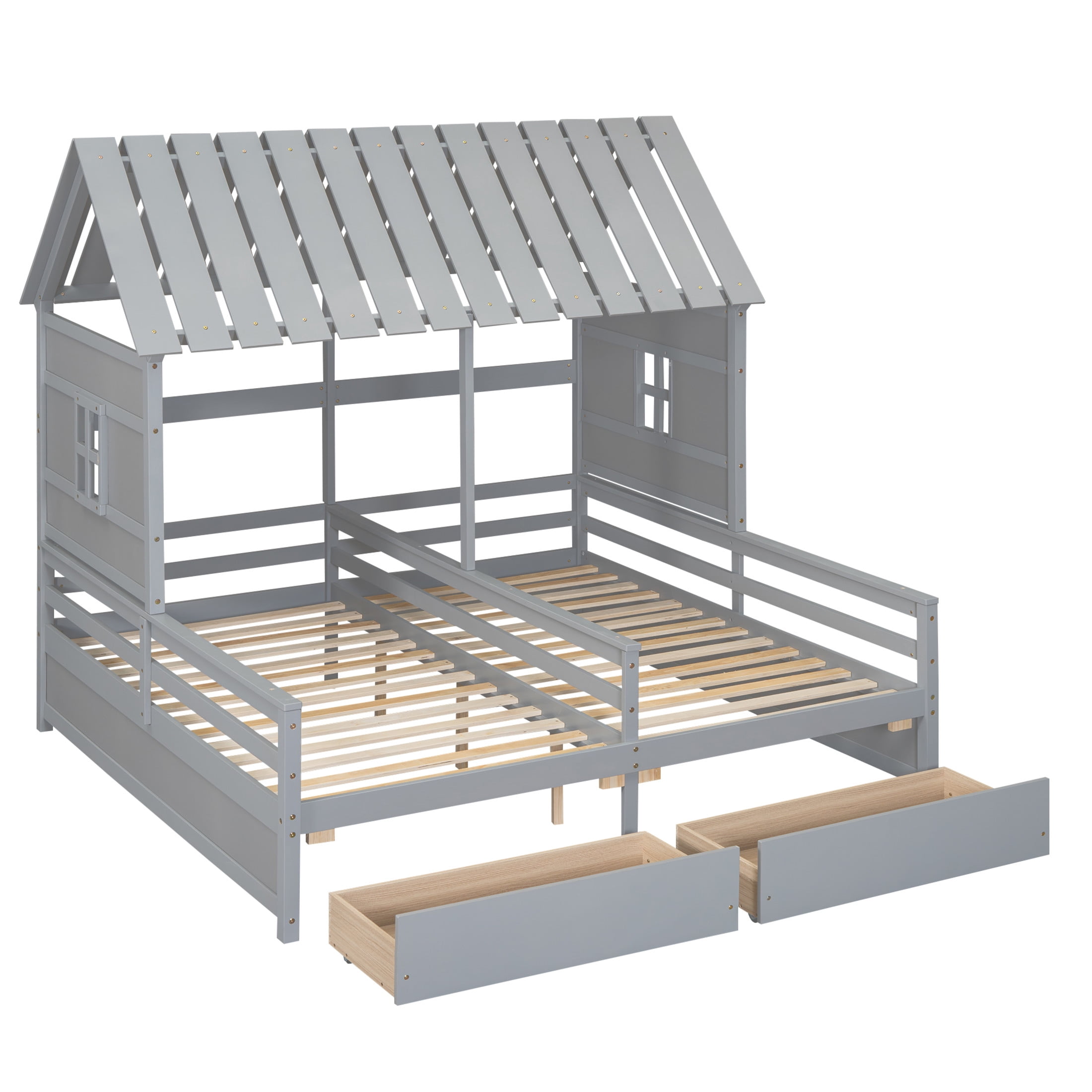 Noble House Junton Dual Twin Size House Platform Bed for Shared Rooms, 2 Side-by-Side Beds with Drawers, Gray