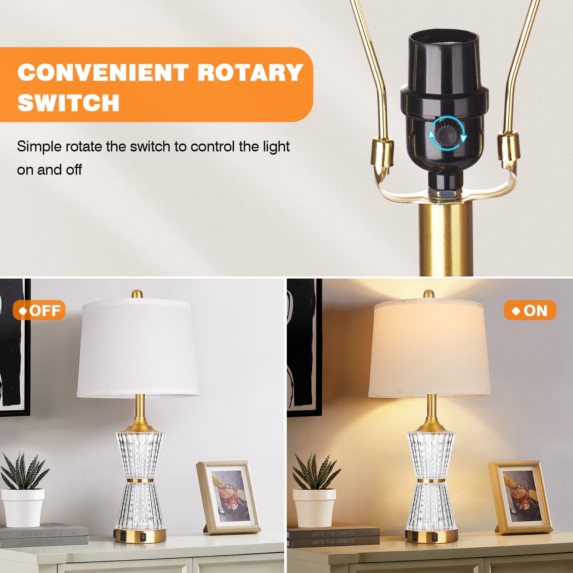 Cinkeda Gold Acrylic Night-light Table Lamp 2in1 with 2 USB Charging Ports An AC Outlet Rotary Switch & Rocker Switch (Set of 2)
