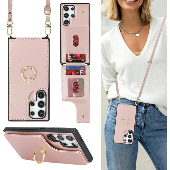 for Samsung Galaxy S24 Ultra Case with Card Holder and Strap for Women,Crossbody Lanyard,Ring Stand,Snap Clasp,Phone Wallet Cases 6.8 inch(Rose Gold)