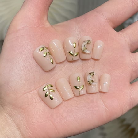 Yihe [Golden Branch Moon Shadow] Nude Golden Branch Jade Leaf Wearing Nail Gentle Crescent Short Simple Handmade Nail Art Sticker