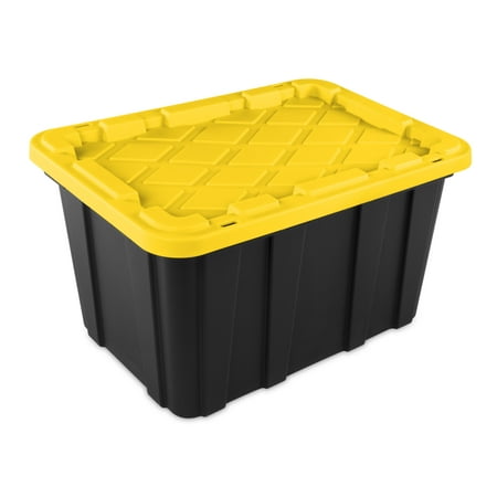 Sterilite Large Storage Bin, 27 Gallon Plastic Storage Container With Snap-On Lid, Black And Yellow