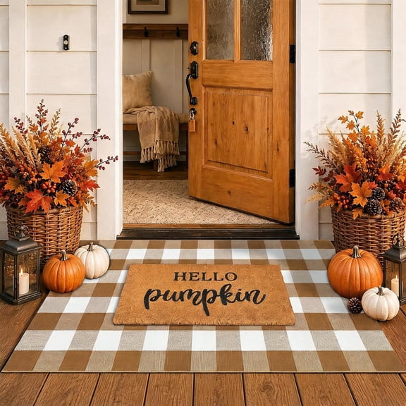 Coco Coir Welcome Mat and Coffee & White Plaid Outdoor Rug Set 36" x 60"