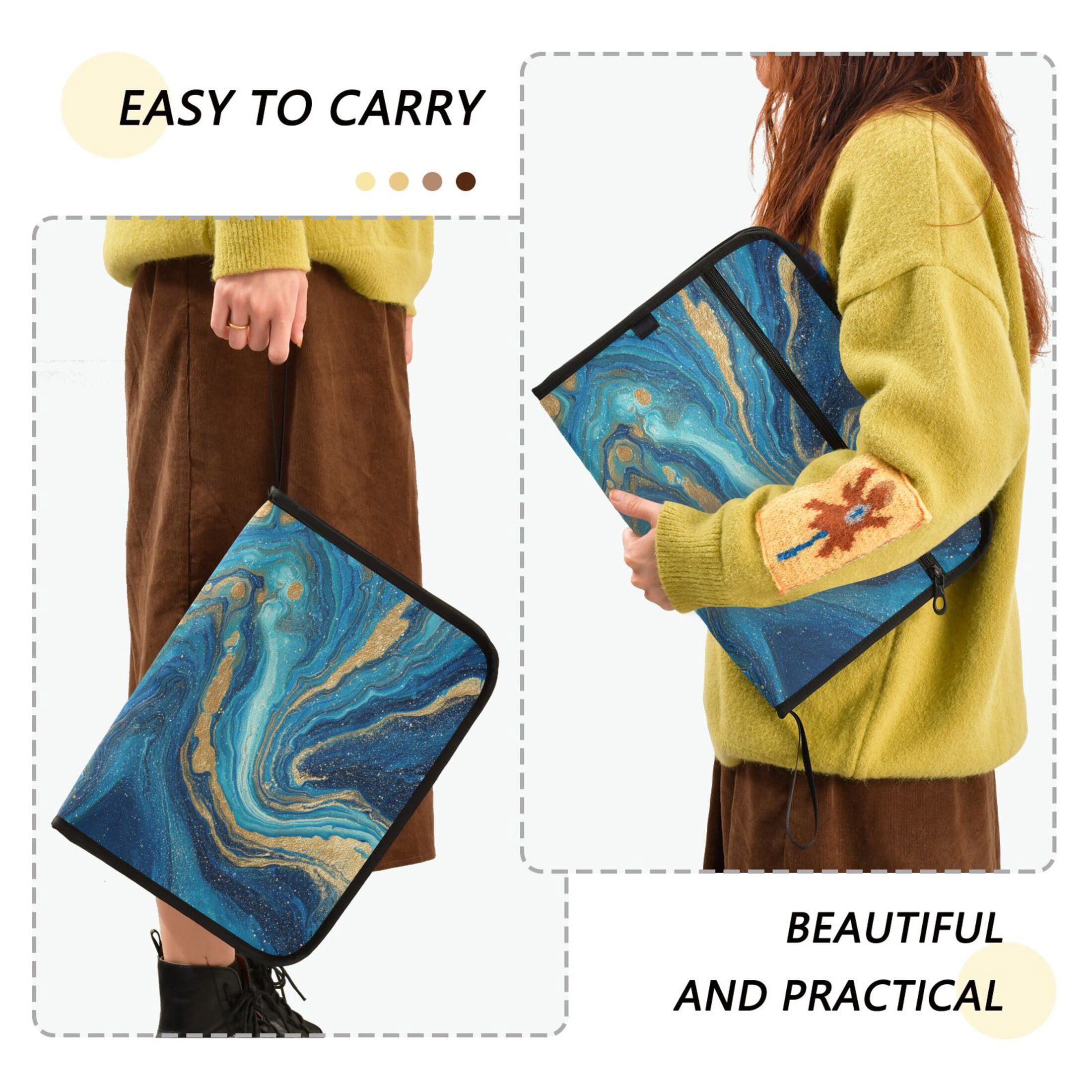 Accordion File Organizer with Zip Closure 13 Pockets Expanding File Folder Letter A4 Paper Document Organizer for Home Office Blue and Gold Ocean