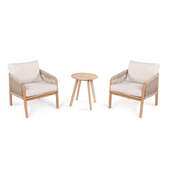 Aveiro 3-Piece Modern Bohemian Roped Acacia Wood Conversation Outdoor Patio Set with Cushions, Beige/Light Teak