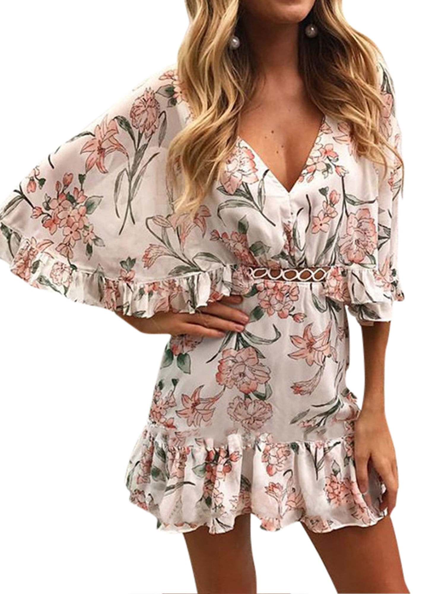 HiMONE - Women's Summer Beach Sundress Floral Print Short Sleeve Wrap V ...