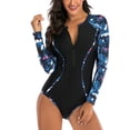 thumbnail image 1 of Las mujeres de una pieza traje baño moda suave manga larga cremallera impreso color bloque Surf bañador negro S, 1 of 8