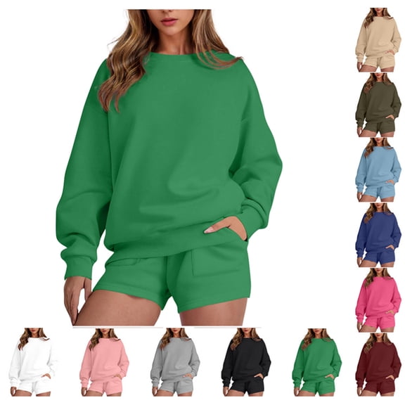 Women 2 Piece Outfits Sweat Shorts Sets 2025 Oversized Casual Lounge Matching Set Sweatsuit Tracksuit Fall Clothes,Green XL