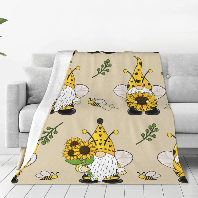 Fotbe Gnomes Bees And Sunflowers Manta de Franela Acolchonada con Estampado, Súper Suave y Esponjosa, Extra Grande para Sofá, Cama, Uso Todo el Año-80"x60"