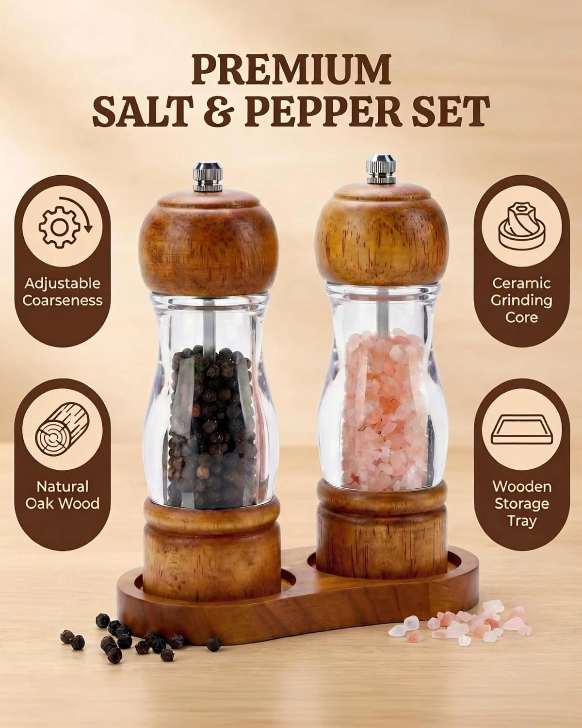 Wooden Salt and Pepper Grinder Set with Tray - 6.3 Inch Refillable Manual Pepper Mill & Sea Salt Grinder, Acrylic Window, Adjustable Ceramic Rotor for Peppercorns, House Warming Gifts