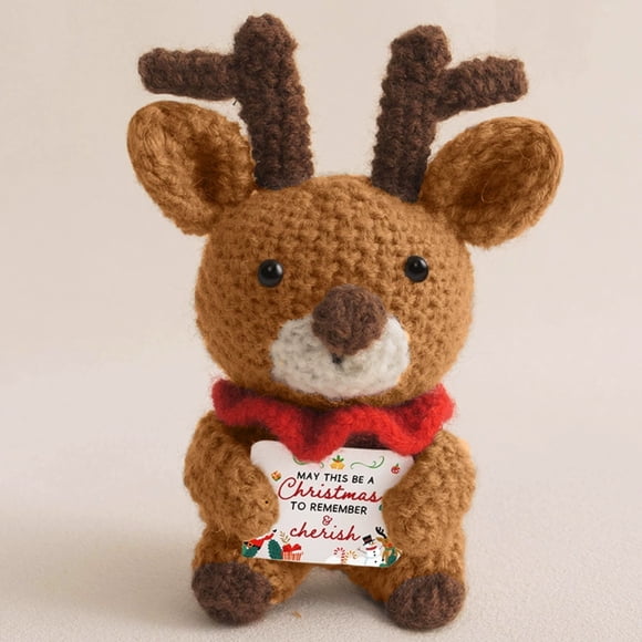 Crochet Knitted Reindeer Doll, Positive Christmas Gift with Motivational Card for Friends Coworkers Room