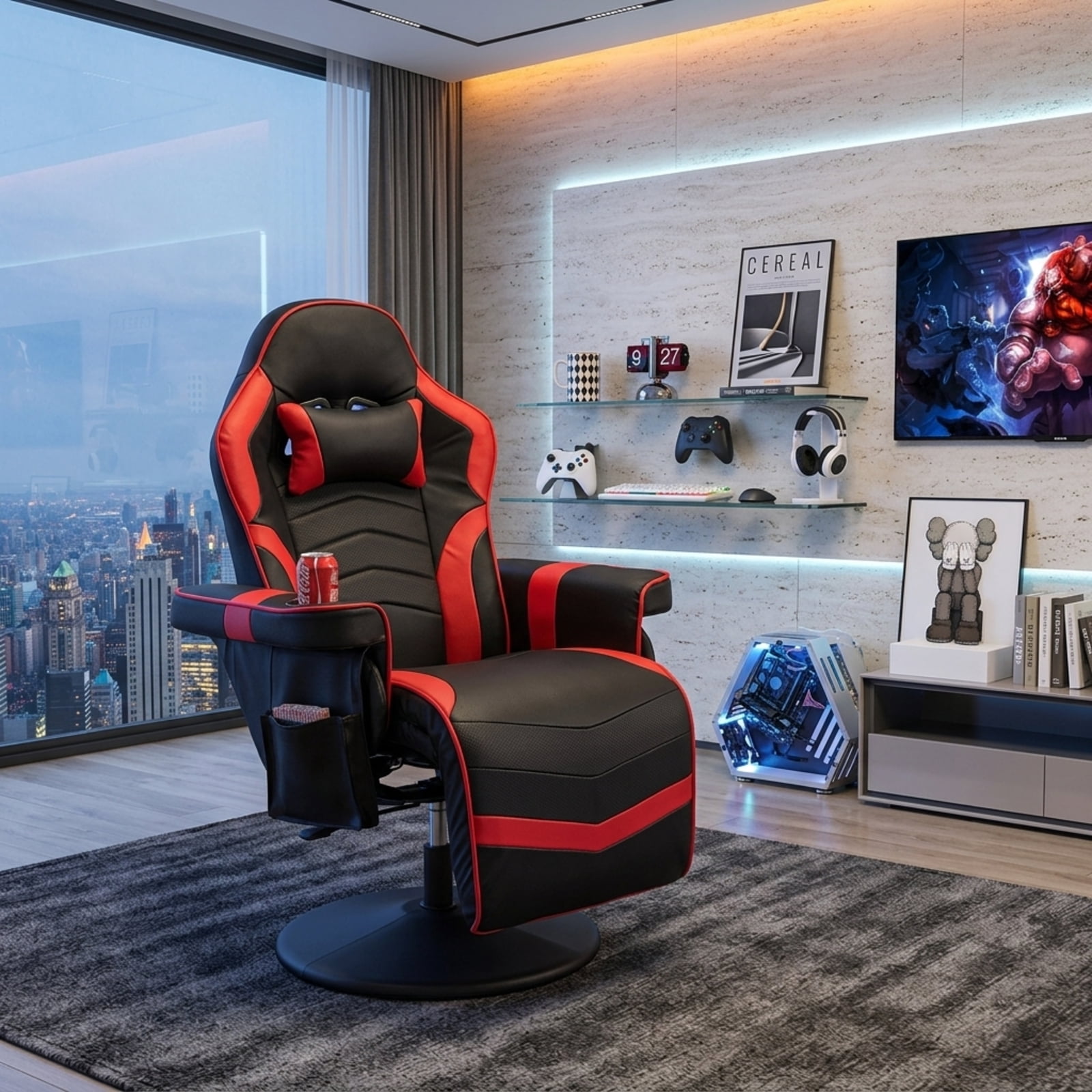 Furnibear Massage Video Gaming Recliner with Reclining Backrest Adjustable Height Retractable Footrest and Side Pocket for Gaming and Office, Red