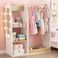 thumbnail image 2 of OLAKIDS Kids Dress Up Storage with Mirror, Wooden Costume Wardrobe Closet with LED Lights Rack Storage Shelves 3 Hooks for Bedroom, 2 of 10