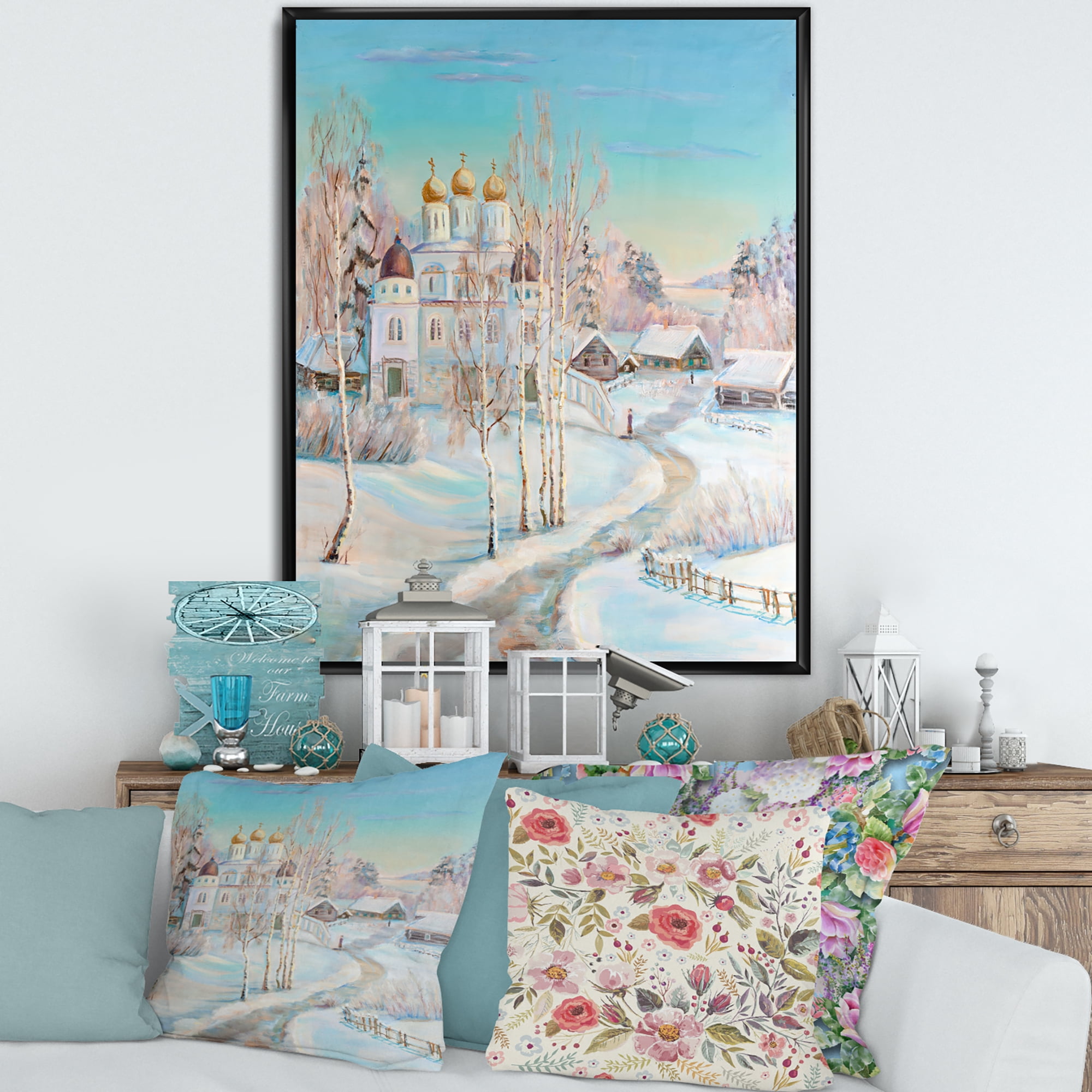 Designart 'Temple Over Country Road In Winter Landscape' Traditional Framed Canvas Wall Art Print