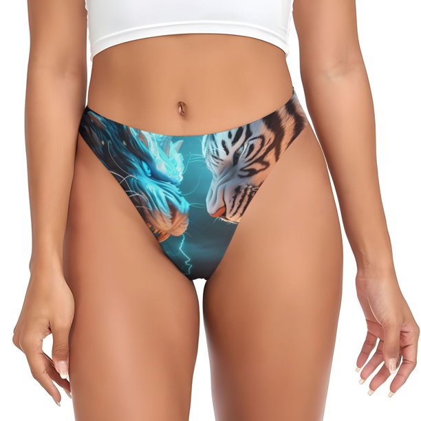 Balery Blue Dragon And White Tiger Tangas de Algodón para Mujer con Estampado – Ropa Interior Sexy, Transpirable, G-string-Medium