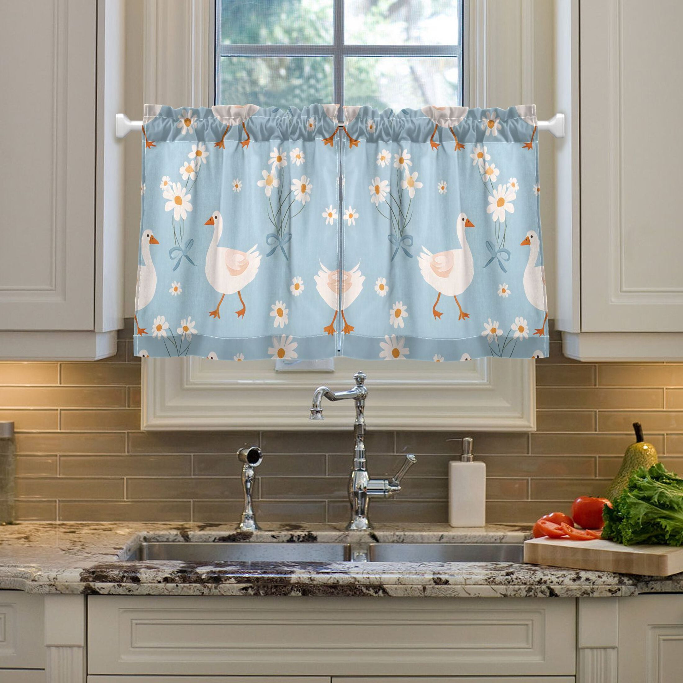 Linen Kitchen Curtains Geese Daisy Pattern Tier Curtains Tier Kitchen Living Room Bedroom Balcony 2 Panels 27x36 Inch