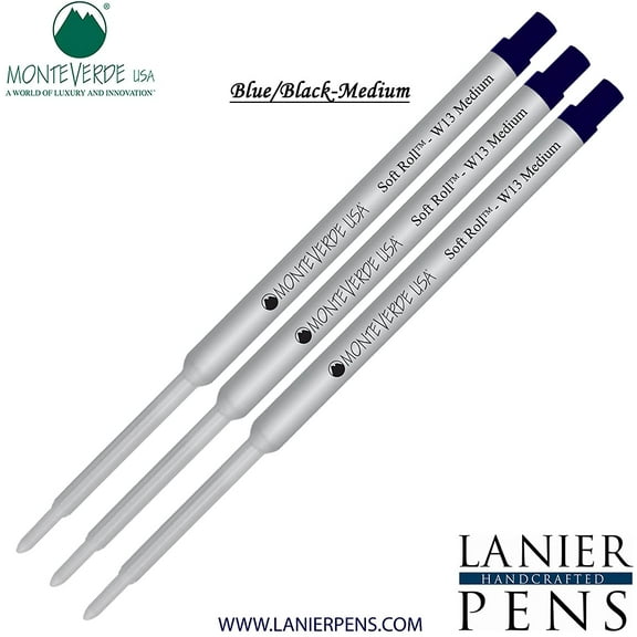Lanier Combo Pack - 3 Pack - Monteverde Soft Roll Ballpoint W13 Paste Ink Refill Compatible with most Waterman Style Ballpoint Pens - BlueBlack (Medium Tip 0.7mm)