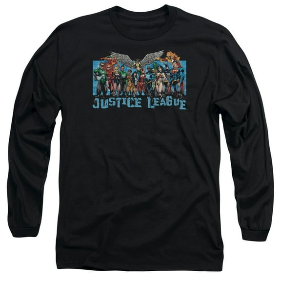 JLA Justice League League Lineup  Long Sleeve Adult 18/1 T-Shirt Black