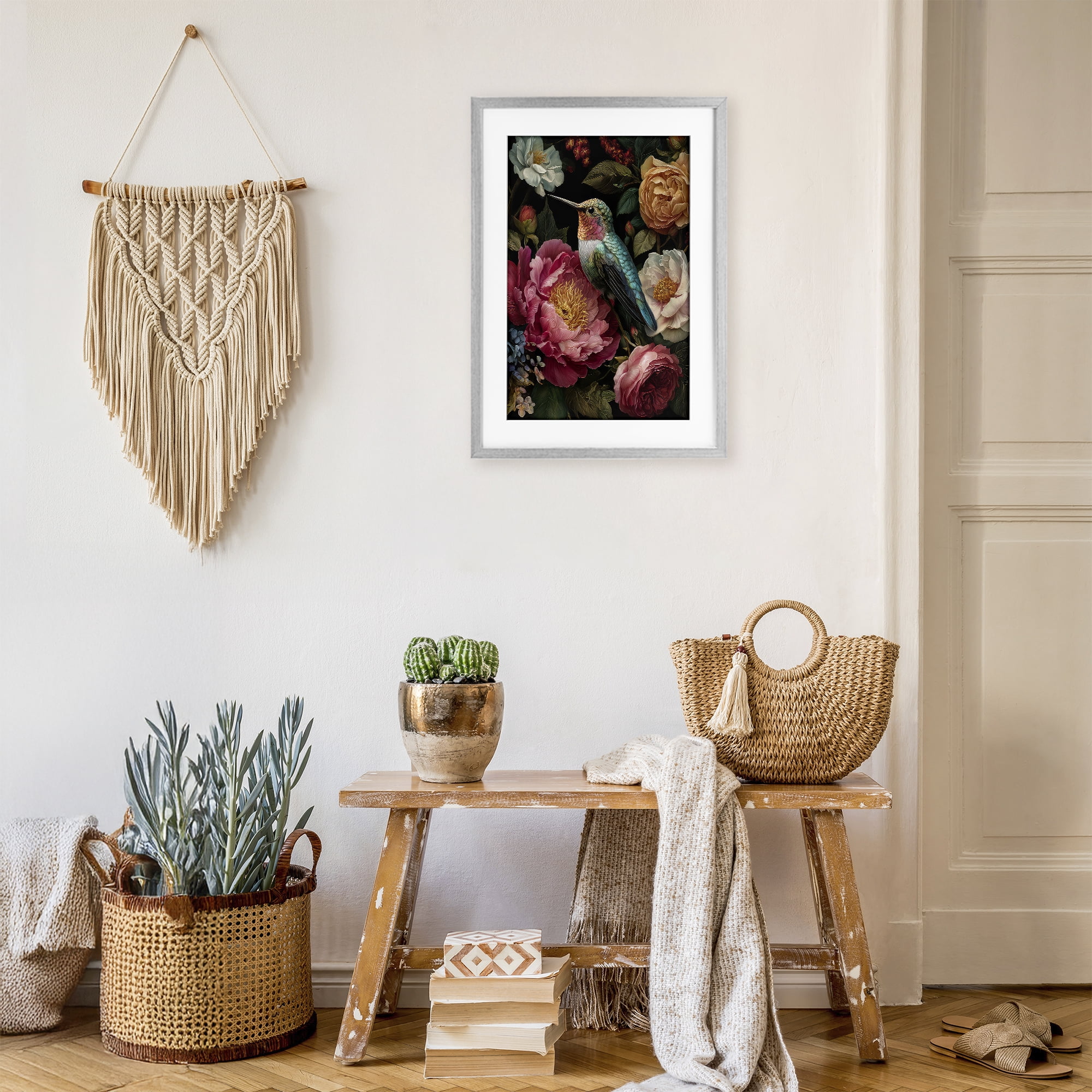 Stupell Industries Hummingbird & Lush Blooms Gray Framed Print Under Glass, design by The Wands Want