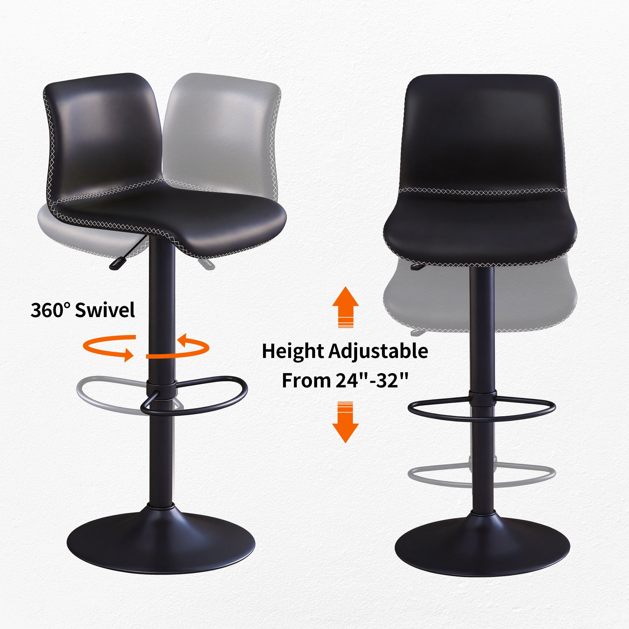 FIRAVOE Swivel Bar Stools Set of 4, Counter Height Bar Stools with Back, Adjustable Bar Stools 24" to 32", Black Leather Kitchen Barstools Counter Stools Island Bar Chairs