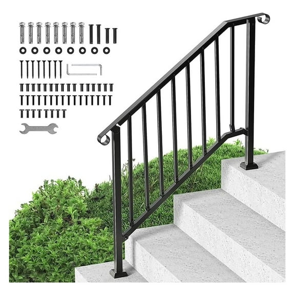 Handrails for Outdoor Steps, 3-4 Step Stair Hand Rail Kit, Transitional Iron Railings with Installation Kit, Stair Rails for Seniors, Concrete Steps & Porch & Deck, Black Arch