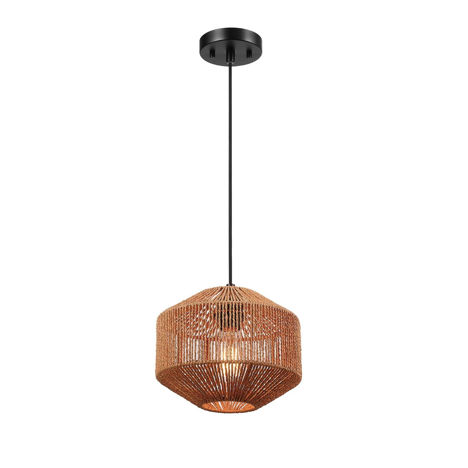 Lotus 1-Light Pendant Lighting, Natural Twine Shade, Black Fabric Cord