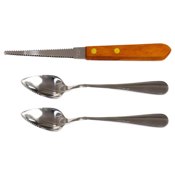 Set of 2 Grapefruit Spoons and 1 Grapefruit Knife, Stainless Steel, Serrated Edges, Silver