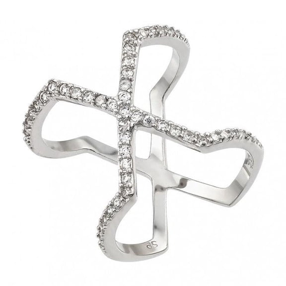 Polished Rhodium Plated Sterling Silver 925 Cross X Clear CZ Ring Band White Female Size 6