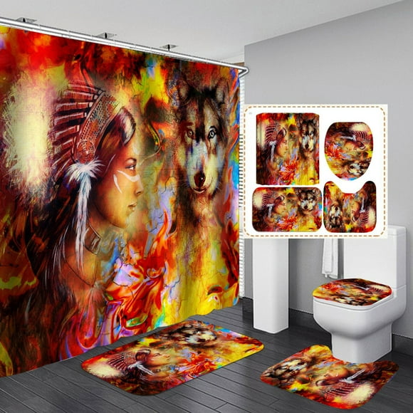 Set de decoración de baño, cortina de ducha impermeable, diseño de lobo colorido