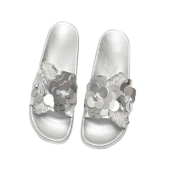 VerPetridure Platform Sandals for Women Women's Summer Fashion Sequined Big Flower Slipper Solid Color Flat Shoes
