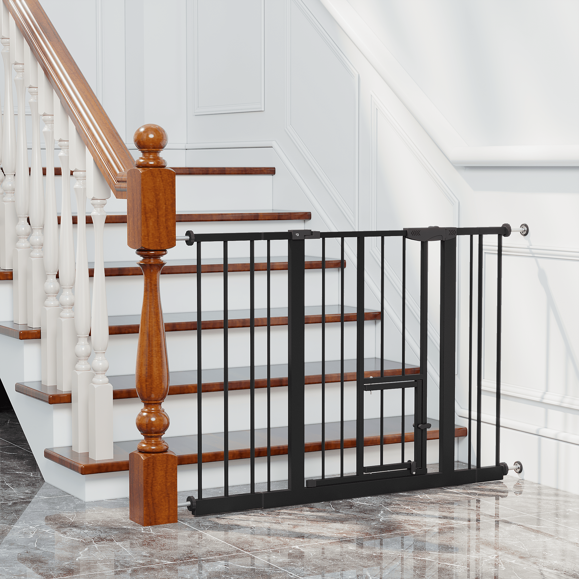 Baby Gate with Cat Door, 29.5-44.1" Metal Pet Door for Stairs & Doorways,Pressure Mounted,No Tools Needed, Black