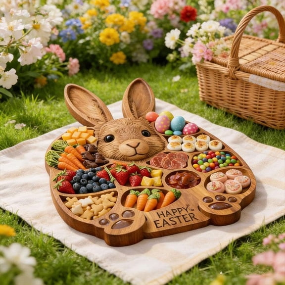 2026 Easter Wooden Bunny Charcuterie Board, Rabbit Shape Serving Tray with Divided Compartments, Multi-Section Wooden Serving Platter for Holiday Entertaining