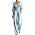 thumbnail image 2 of Karymi Capri Pants for Women Solid V Neck Wrap Jumpsuit, 3/4 Lantern Sleeve Elastic High Waist Wide Leg Long Romper Pants, Pleated Front Side Pockets Jumpsuit Women's Shorts, 2 of 5