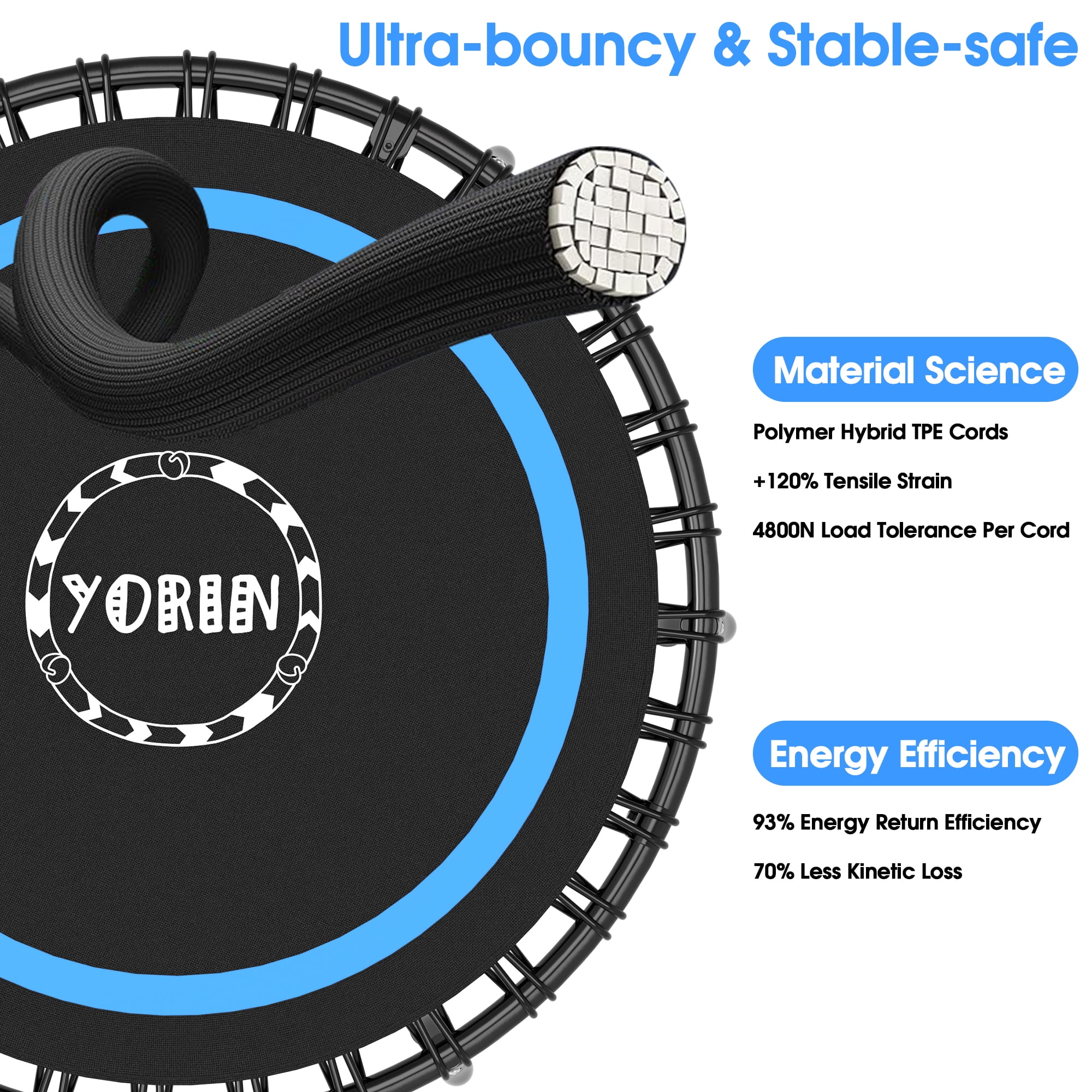 YORIN Rebounder Foldable Trampoline for Adults, 330LBS Fitness Indoor Trampoline, 48" 40" 50" Mini Exercise Trampoline with Bungees, 3 Level Adjustable Foam Handle Bar, Stable Quiet Small Trampoline