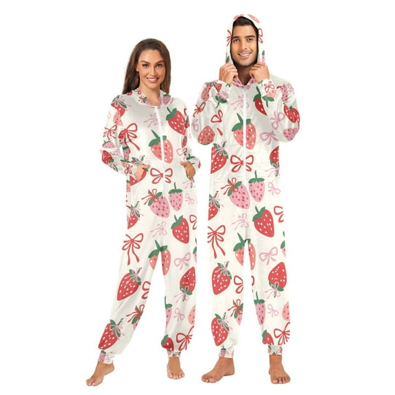 Adult Christmas Onesie Strawberry Simple Lines Bow Adult Zipper One-Piece Pajamas Unisex Pajamas with Pockets