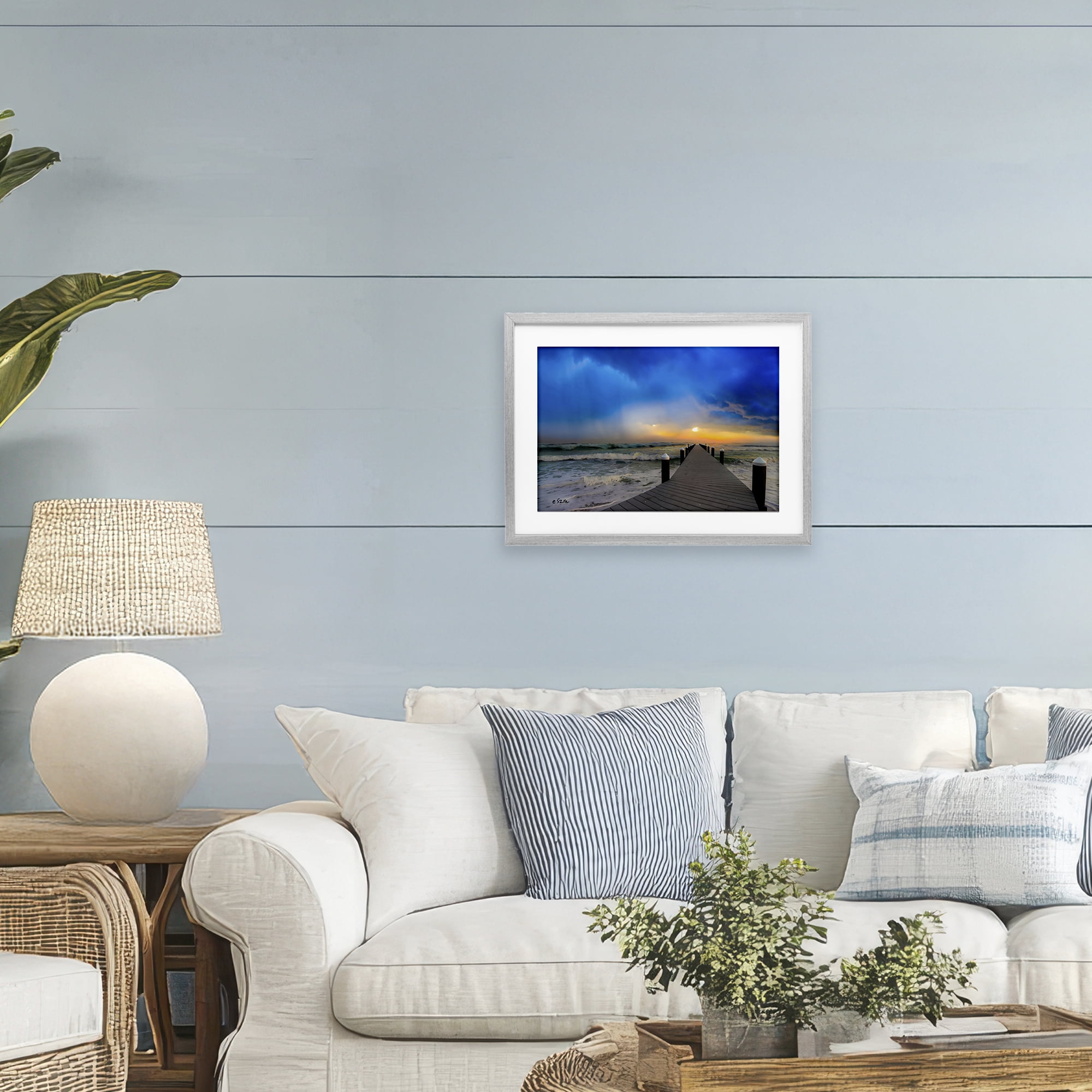 Stupell Industries Sun Breaking Over Sea Pier Gray Framed Print Under Glass, design by Eszra Tanner