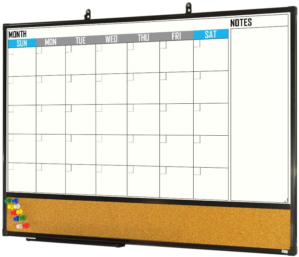 X Board Dry Erase Calendar Whiteboard 48 X 36 Combo White Board Calendar  Monthly, Magnetic White Board Corkboard with Black Aluminum Frame, 10  Colorful Push PinsMarker Tray Included Wall Mounted