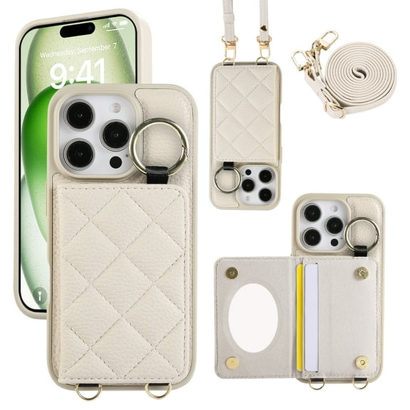 ELEHOLD Case for iPhone 16 Pro,Detachable Lanyard Crossbody Leather Wallet Case with Ring Holder & Mirror,White