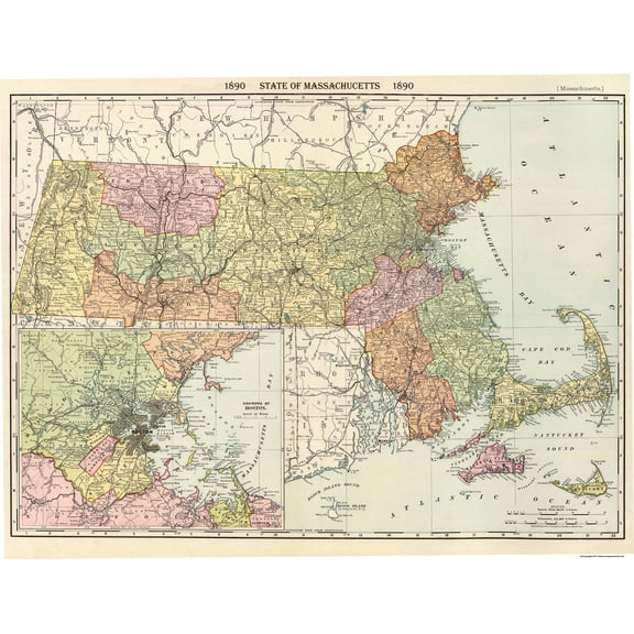 Historic State Map - Massachusetts - Rand McNally 1890 - 30 x 23 - Vintage Wall Art