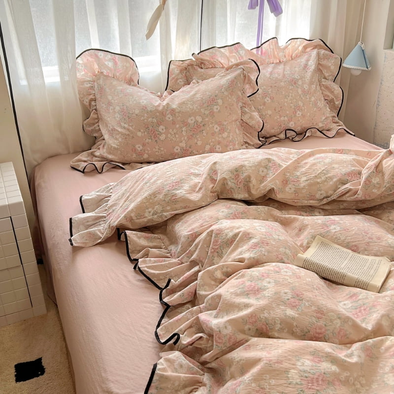 Floral Ruffle Duvet Cover Set Twin Size Pink Flowers Black Edge Bedding Duvet Cover with Zipper Closure Reversible Comforter Duvet Cover and 2 Pillowcases