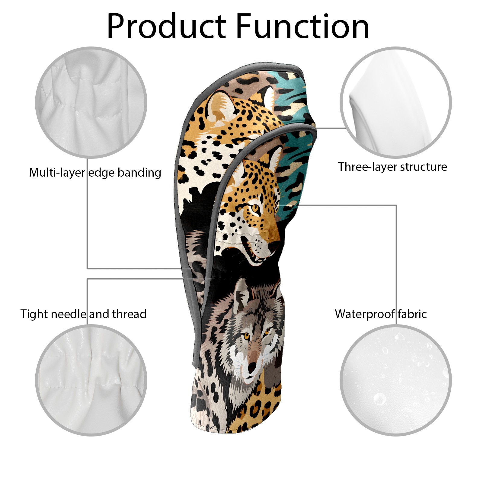 Golf Club Head Cover for Driver, Hybrid, Putter - Premium PU Leather, Waterproof, Scratch-Resistant, Velvet Lining, Unisex Gift (Wolf Leopard)
