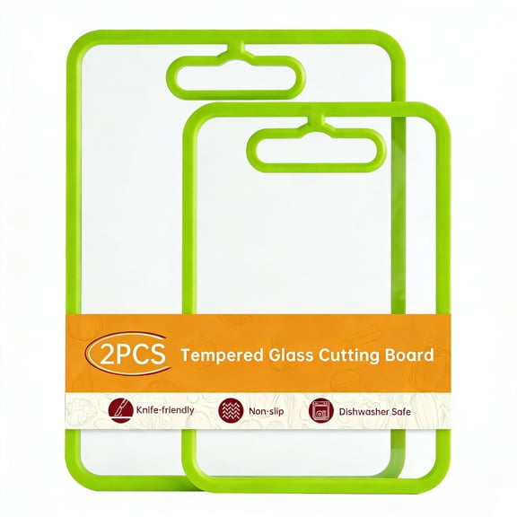 2Pcs Green Glass Cutting Board for Kitchen, Tempered Glass Chopping Board with Non-Slip Edges, Dishwasher Safe Clear Cutting Board Set for Countertop, 15"×11" & 13"×9"