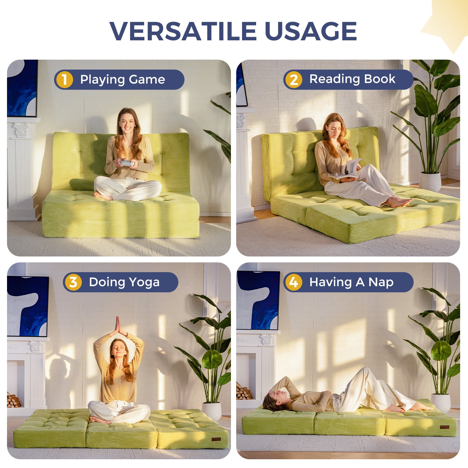 BYBYME 6 inch Tri-Fold Mattress,Corduroy Folding Mattress Made of a Whole Foam,Memory Foam Mattress Topper Perfect for Sleeping,Camping,Queen,Green