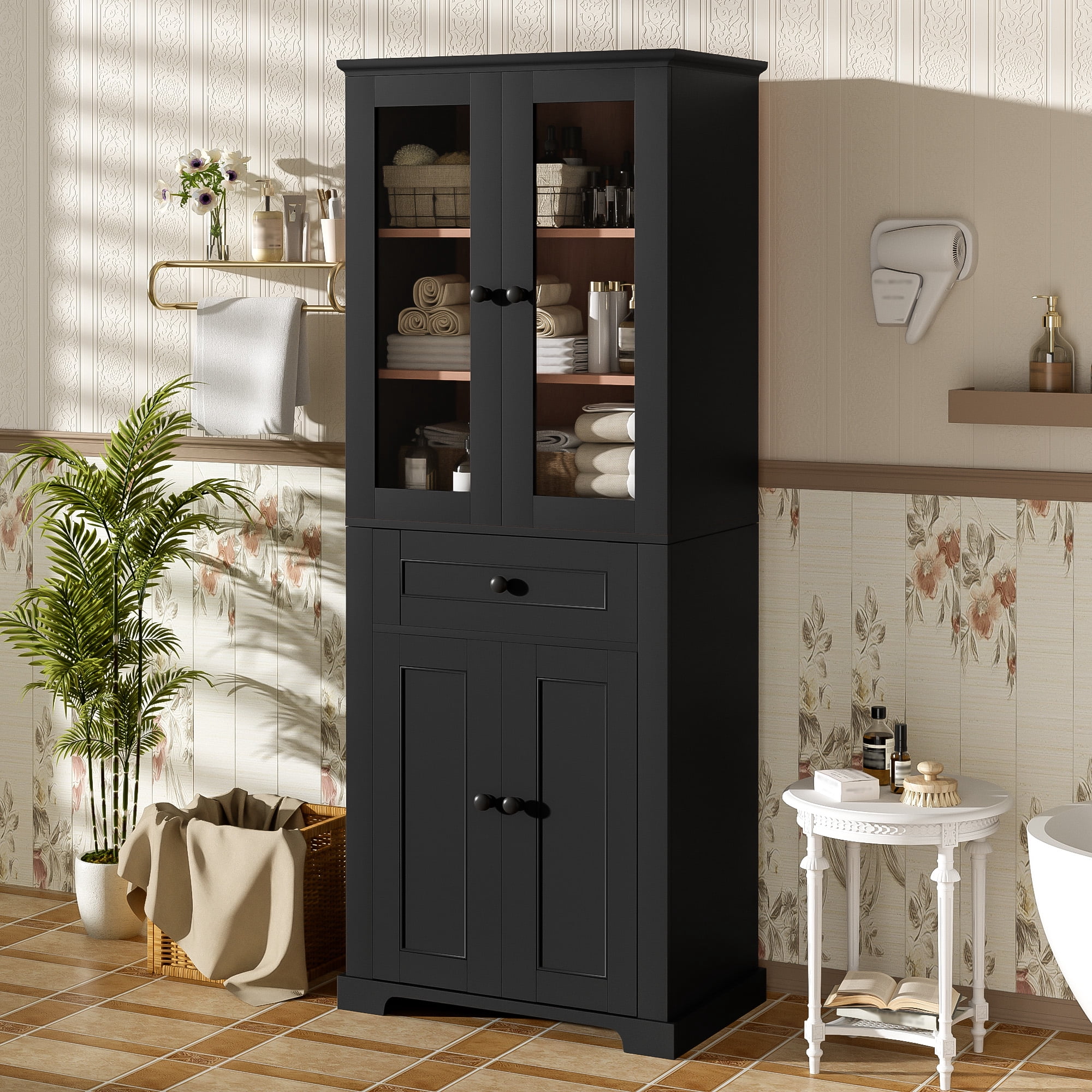 Euroco 67.2" Tall Bathroom Storage Cabinet with Tempered Glass Doors, Adjustable Shelves & Drawer – Modern Freestanding Linen Tower, Soft-Close Design